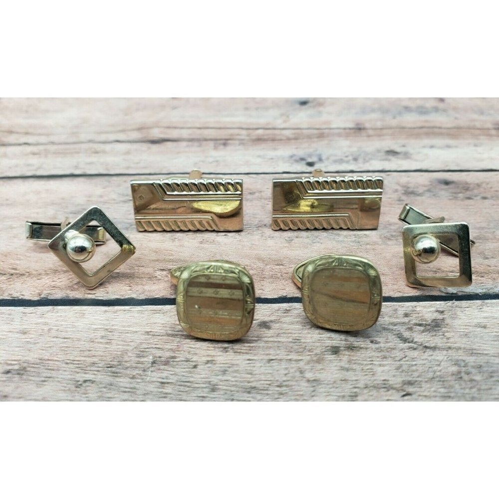 Lot of 3 Pair Gold Tone Cufflinks Oval Textured Rectangle Faux Pearl